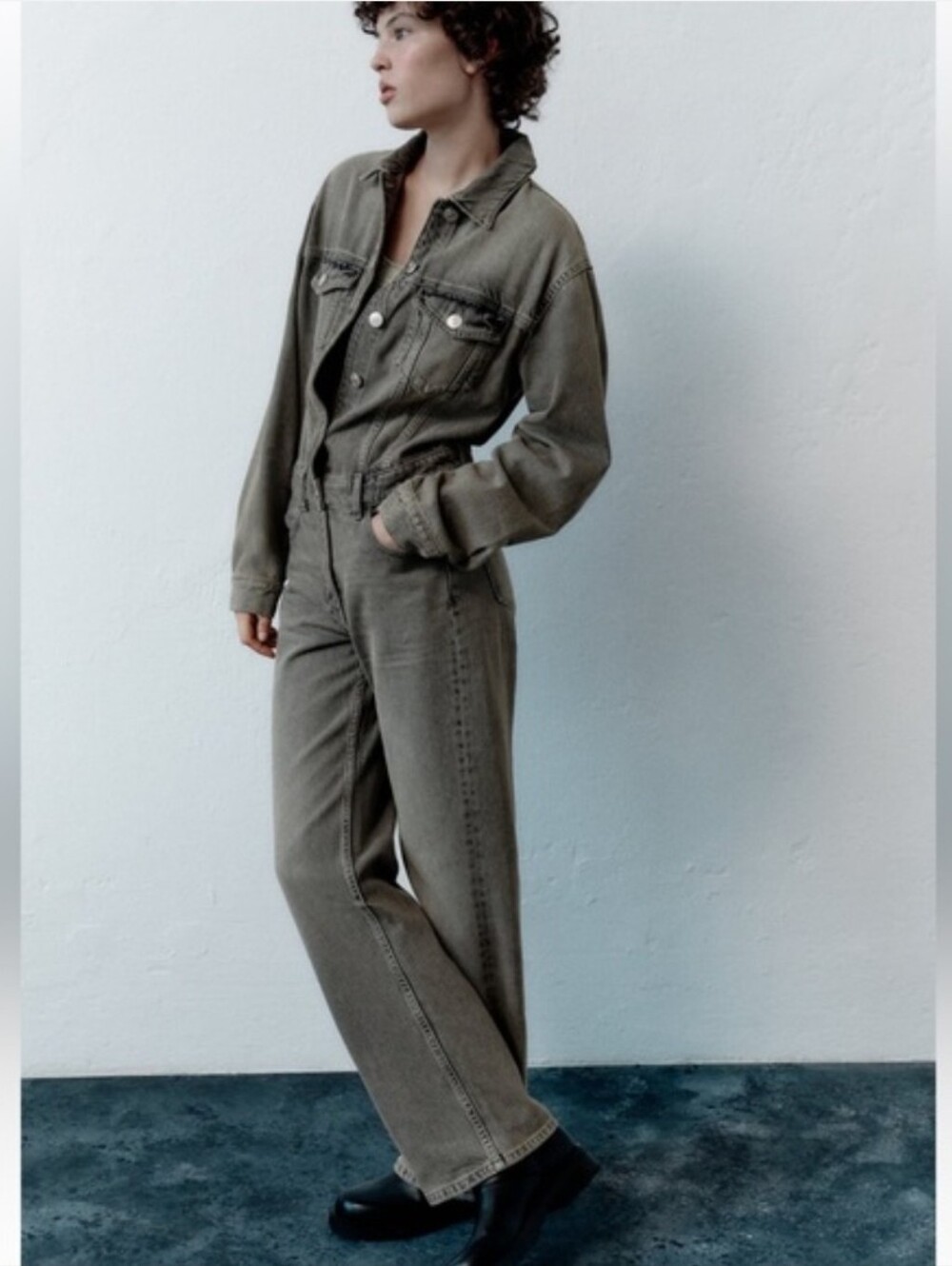 Zara Gray Washed Denim Button Up Jumpsuit Coveralls Women's XS - New with tags